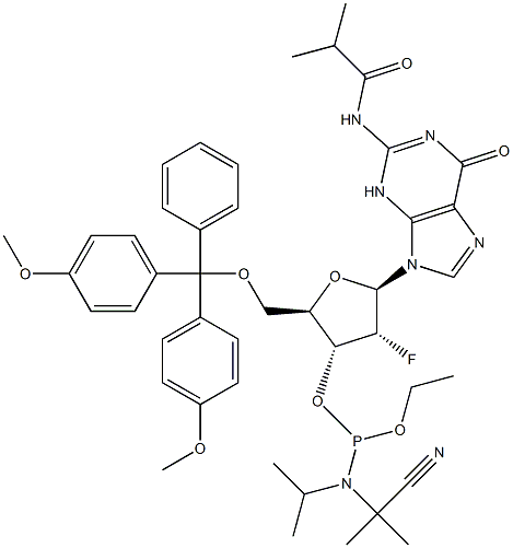 5'-O-[Bis(4-methoxyphenyl)fenilmetil]-2'-deoxy-2'-fluoro-N-(2-methyl-1-oxopropyl)guanosine 3'-[2-cyanoethyl N,N-bis( 1-metiletil)fosforamidit]